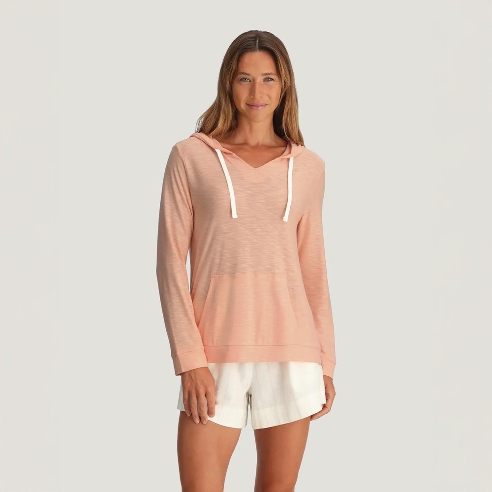 Free Fly Womens Bamboo V-Neck Hoodie Coral Pink Slub Knit Top Size S 5900-WSLH